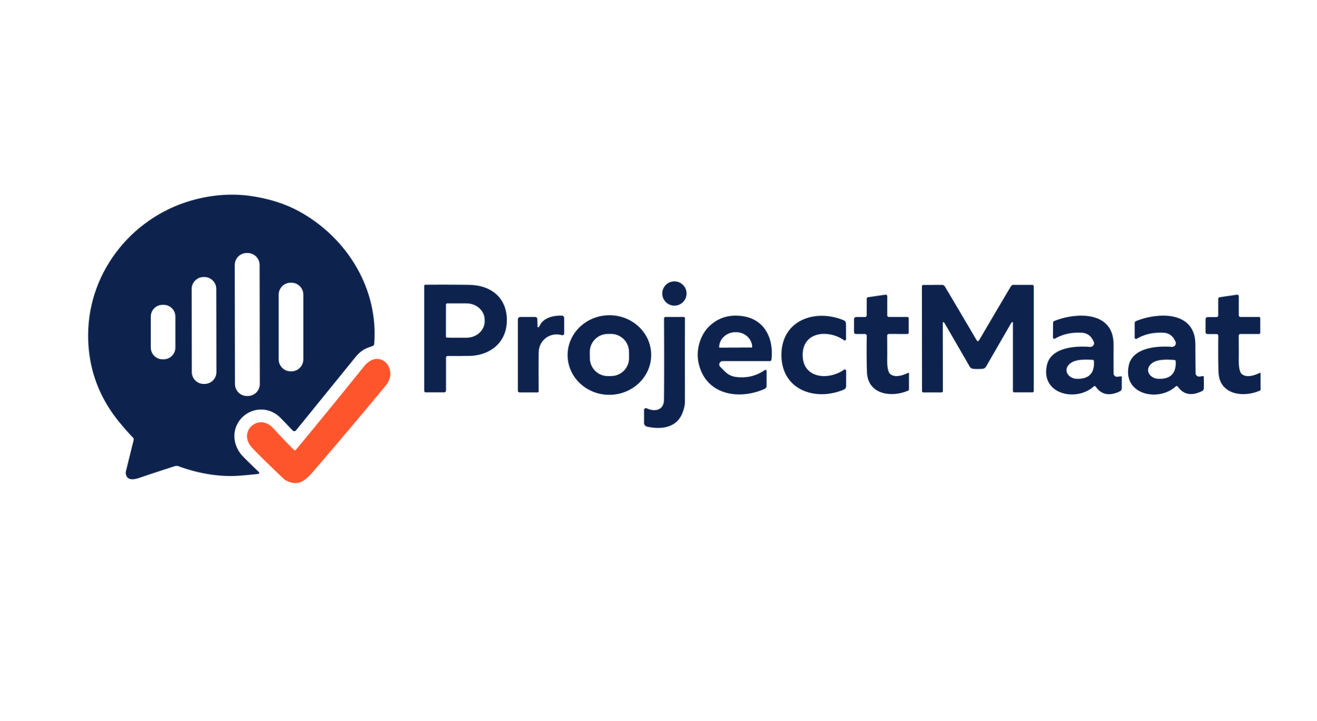 Logo van ProjectMaat met een gespreksbubbel en vinkje, afgeronde projectnaam in blauw.